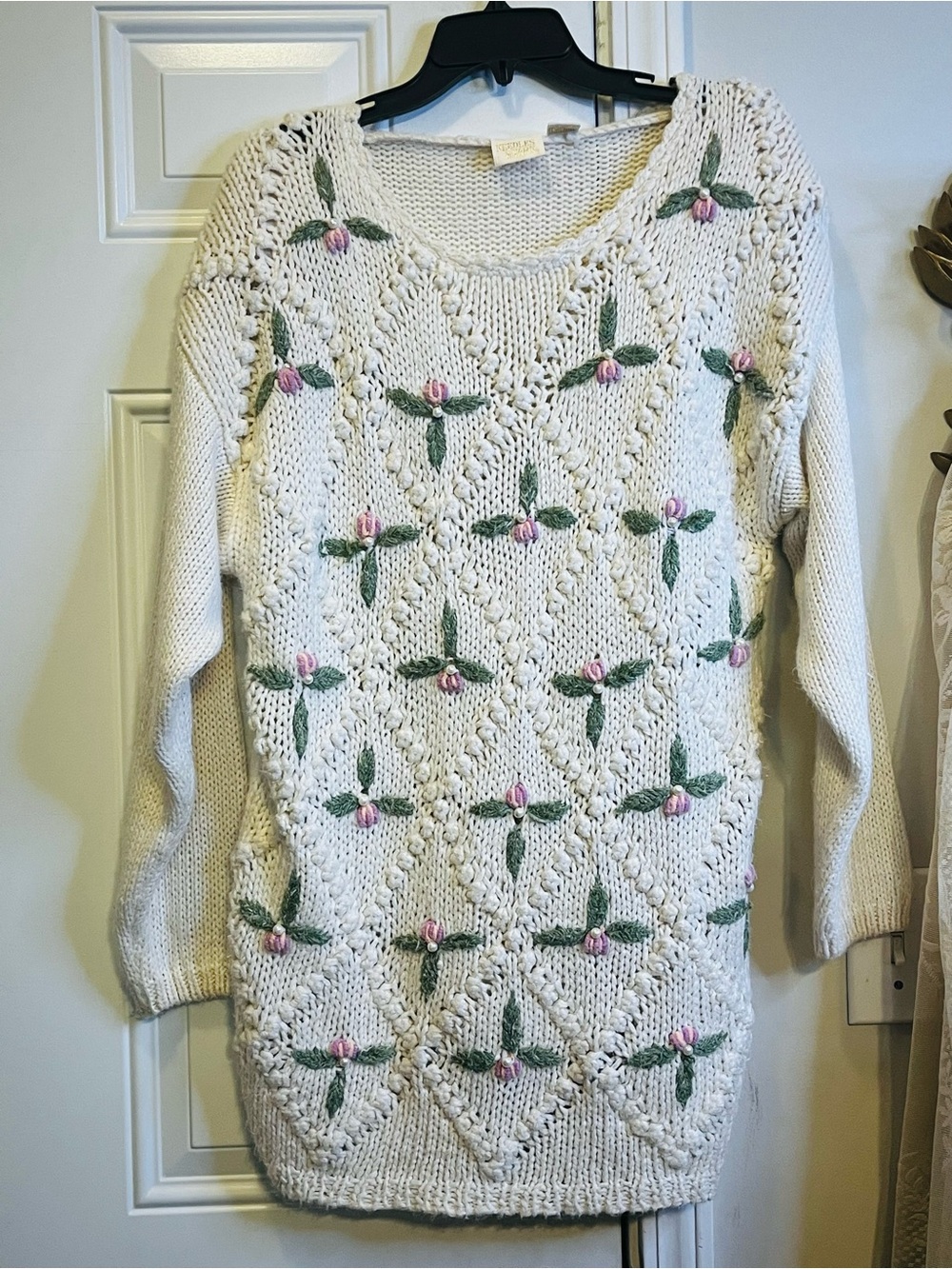 Vtg 80s 90s Needles & Yarn Floral Knit Cottagecore Coquette Sweater M Pearl